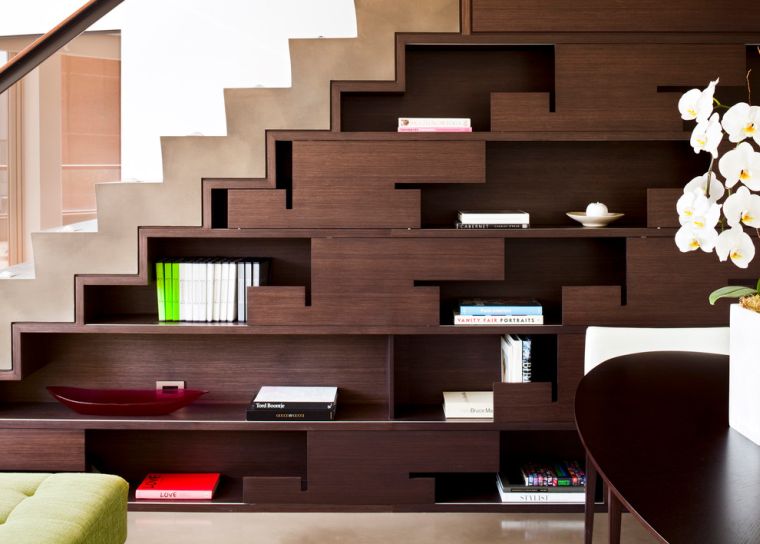 stairs bookcase design library wooden shelves hanging