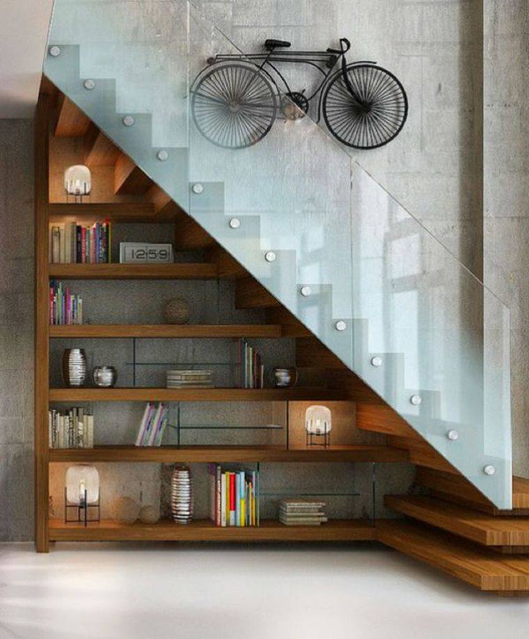 library staircase books wall shelves glass and raw wood