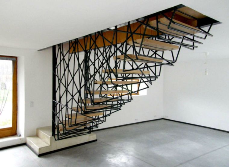 quarter-turn staircase stone interior design modern wood metal