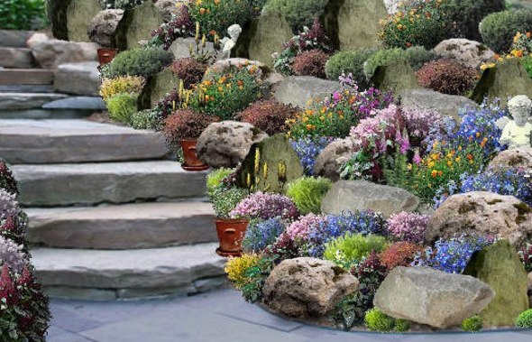 garden stairs flowers rockery