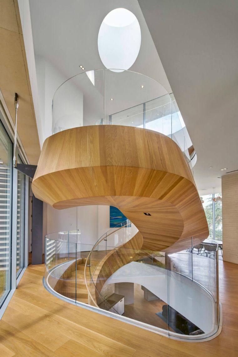 staircase glass cage modern wood railing