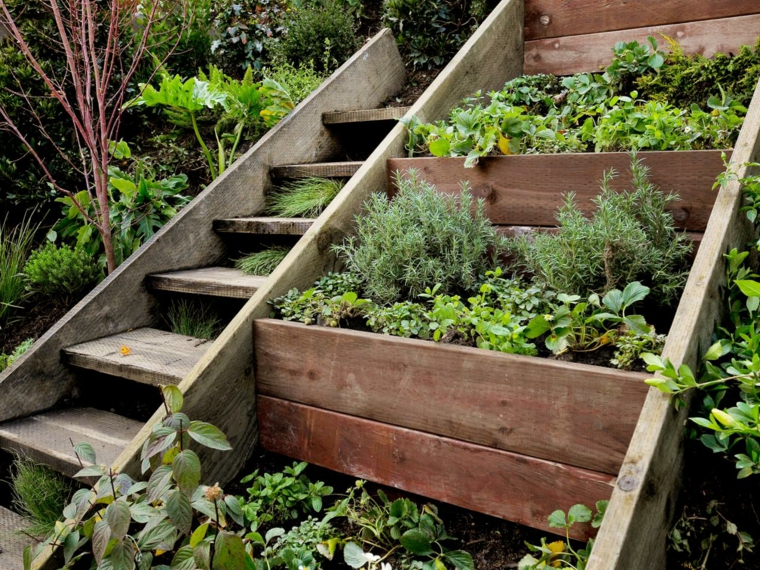 rustic staircase with planted vegetation