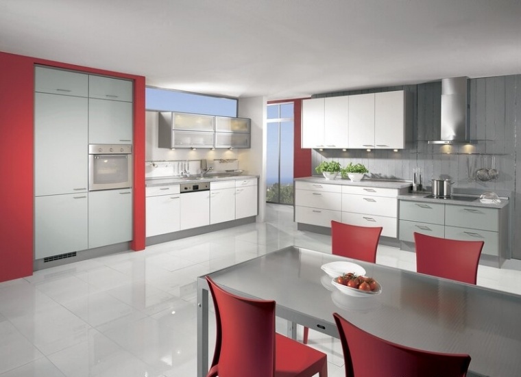 grå kjøkken og rød interiør moderne design