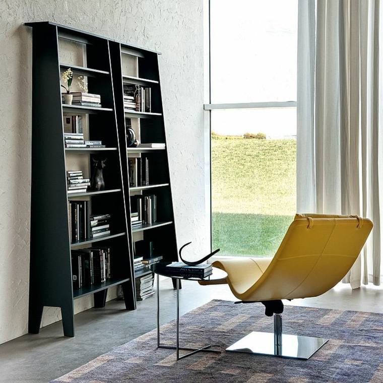 modern library black wood design armchair yellow carpet floor