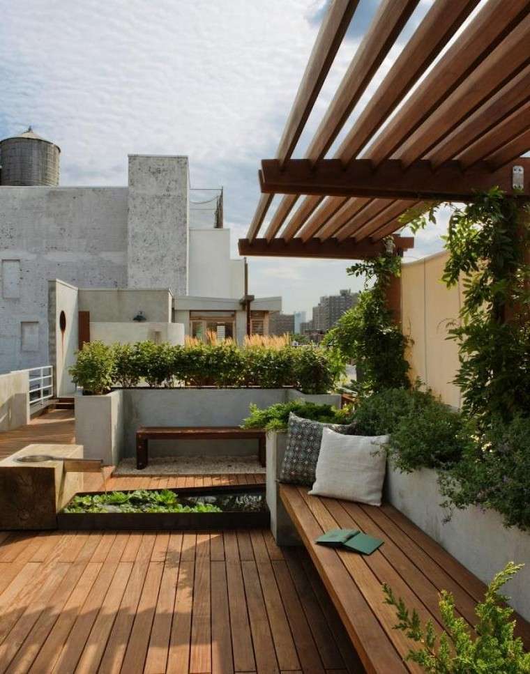 terrace roof city wood flooring soil idea bench garden wood pergola