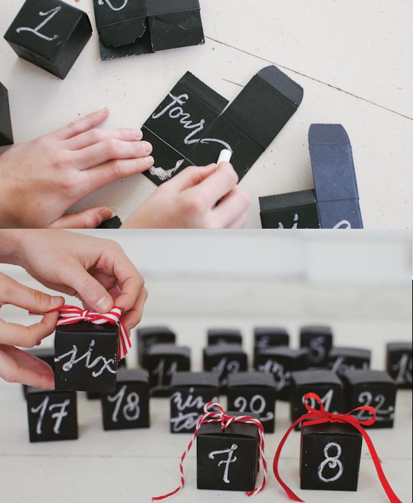 Make-calendar-Advent-small-boxes-black-paper-ribbons-red calendar'avent