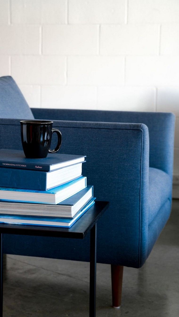 idea interior blue armchair wall white bricks trend waxed concrete floor