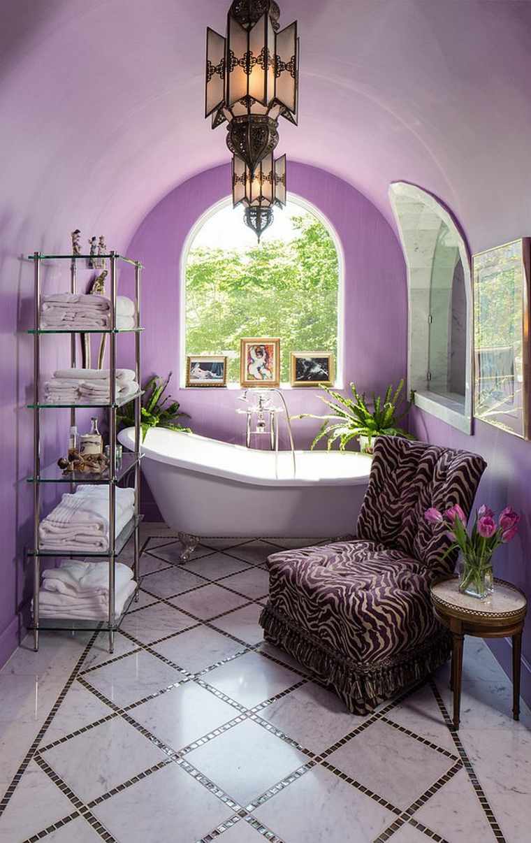 Bathroom Stone Interior Purple Hanging Lamp Design Bathtub White Deco Leopard Sofa