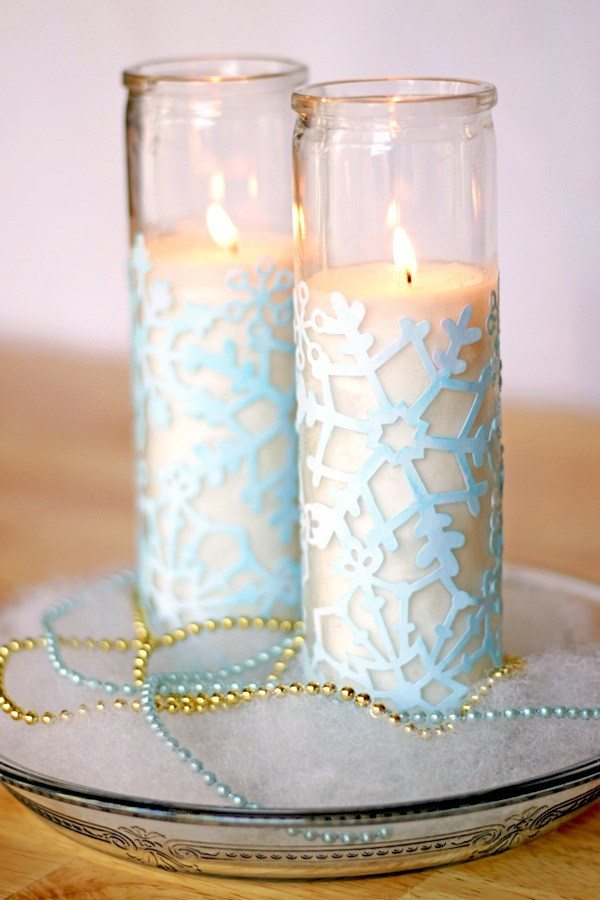 flaked snow-DIY-paper-pale-blue glass candle holders,