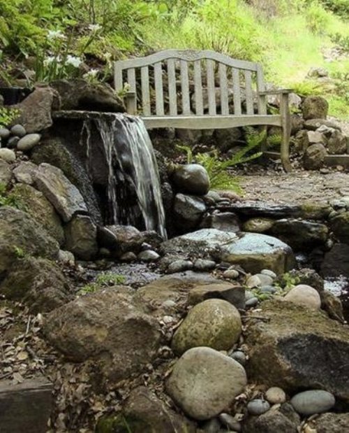 garden fountain bench wood stone fall