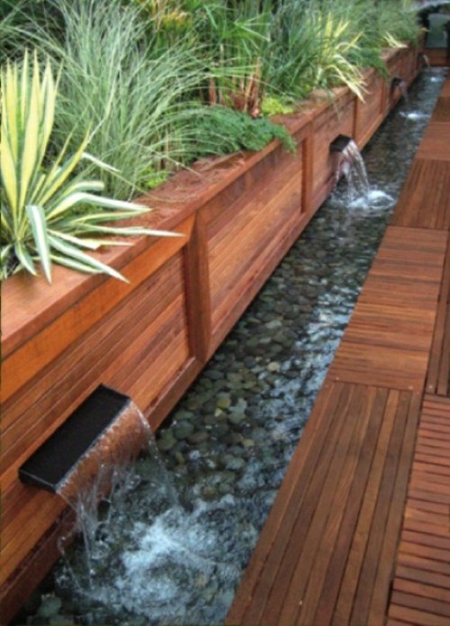 fountain garden water trench wood tray flower