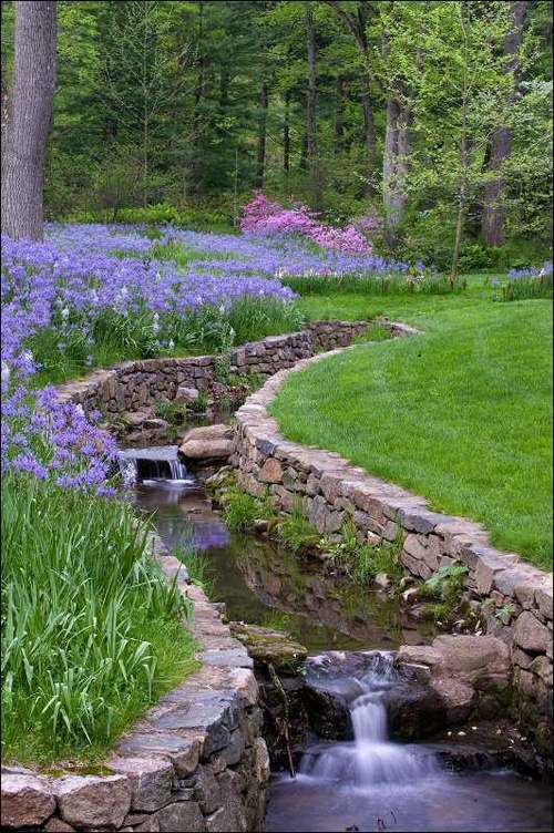 fountain garden wall pebble grass flower brook