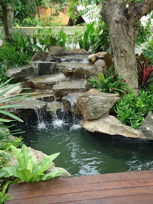 fountain garden terrace platform wood stone