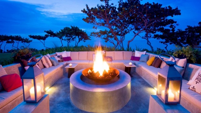 outdoor fireplace concrete modern cylinder tree bench