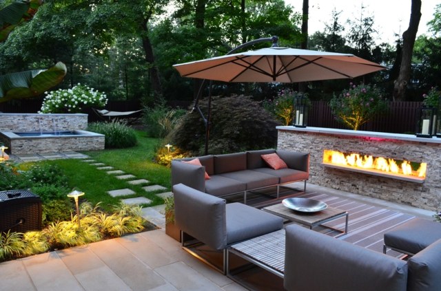 outdoor fireplace fireplace strip umbrella garden lounge