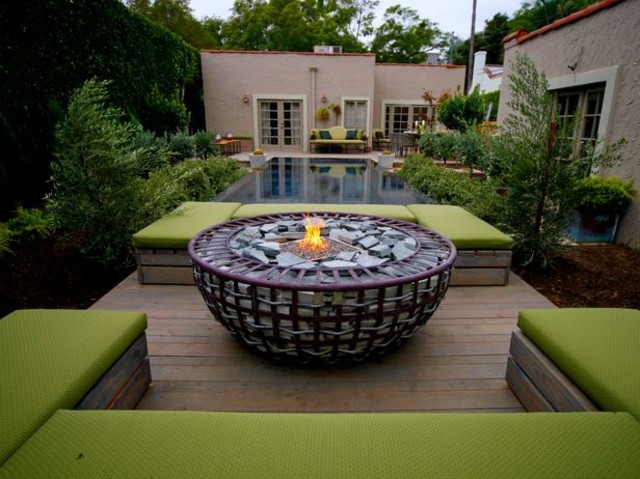 circular outdoor fireplace round pool garden