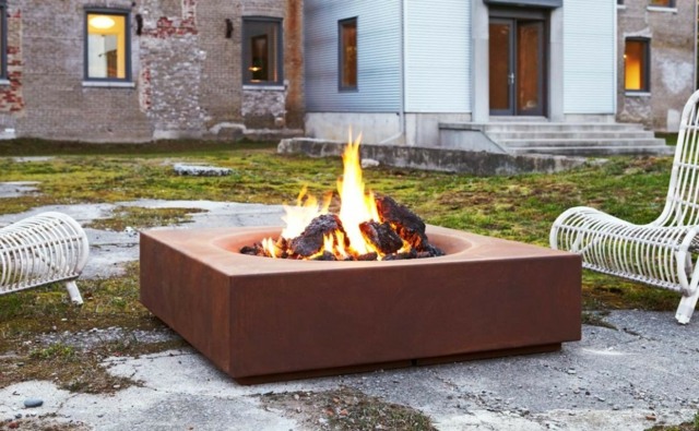 modern outdoor fireplace square corten steel circle