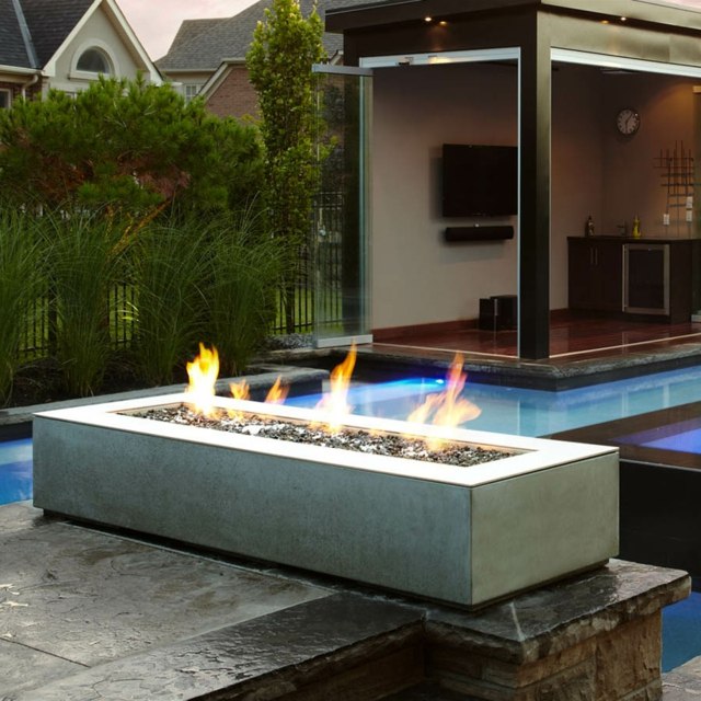 outdoor fireplace modern rectangle white pool