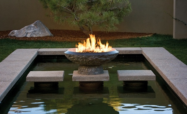 outdoor fireplace pool basin stone rough polished