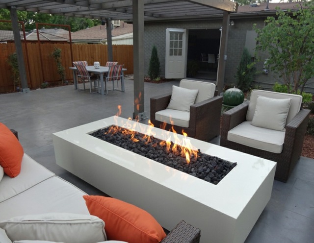 outdoor fireplace rectangle elongated fire