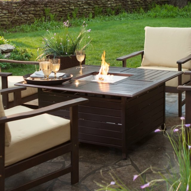 outdoor fireplace built-in table square wood edge chair