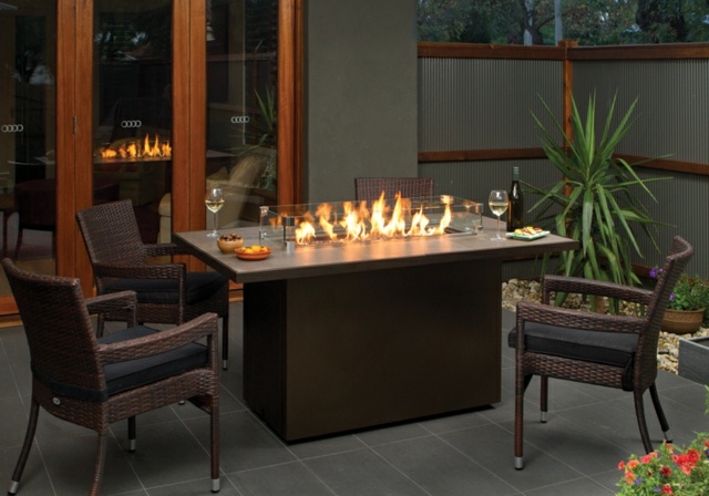 outdoor fireplaces fire glass table tiling garden