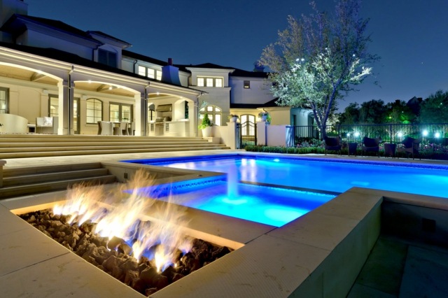 outdoor fireplaces swimming pool fire night design