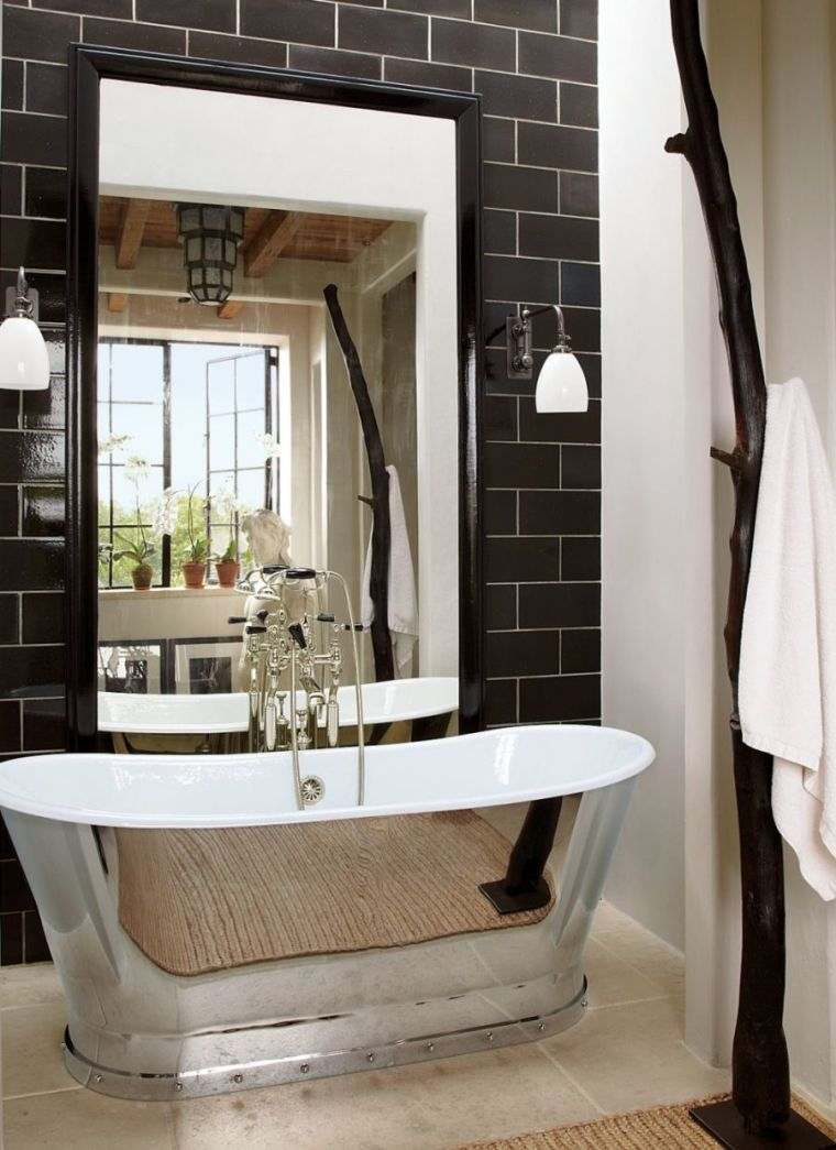 large mirror black frame black tile style metro bathtub island design