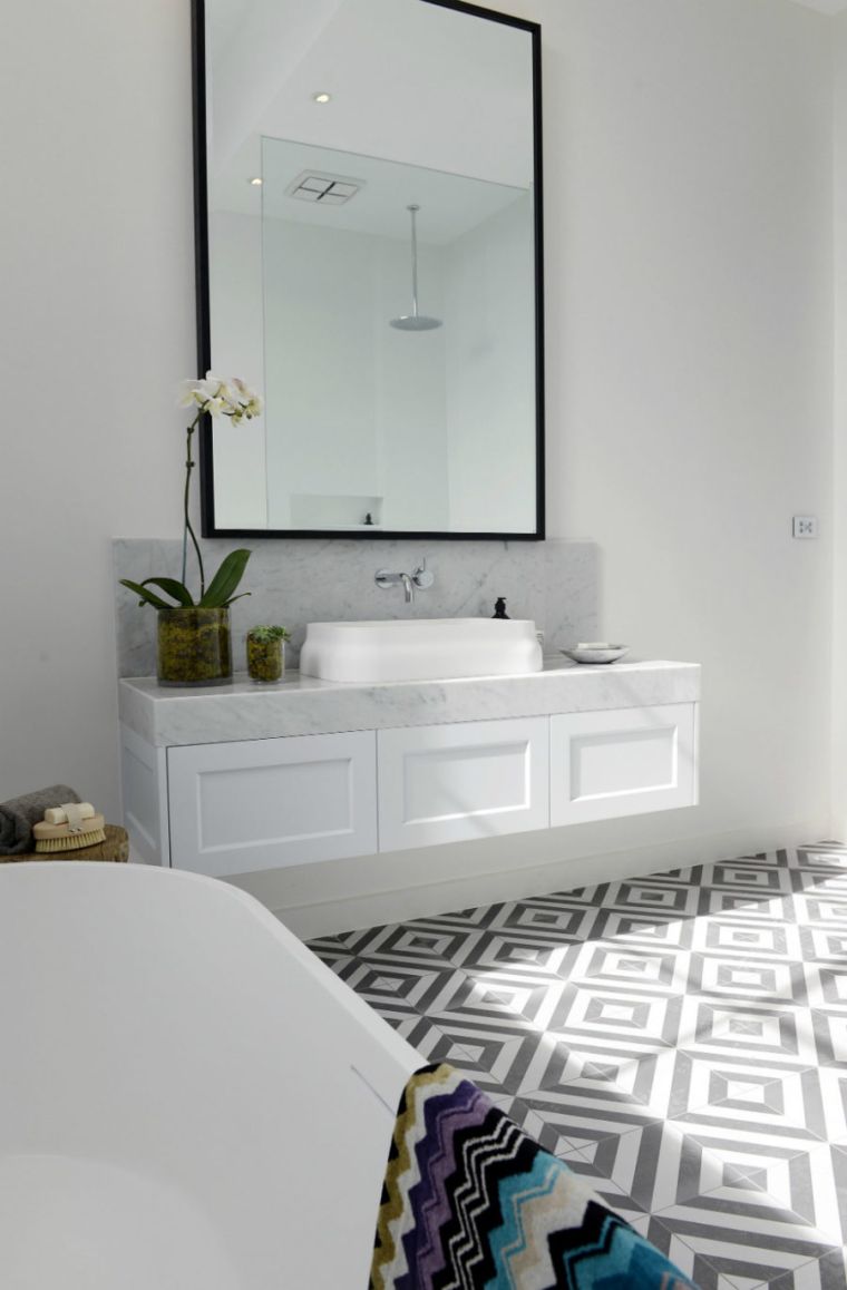 large decorative mirror bathroom floor cover tile checkerboard idea