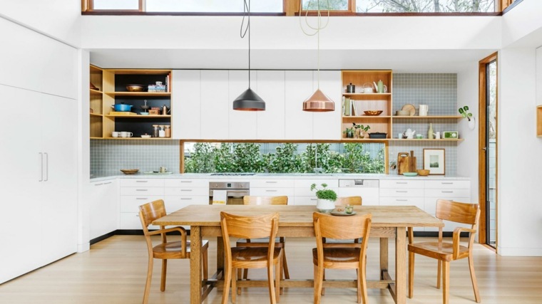 kitchen design idea arrange space parquet wood fixture suspension wooden table