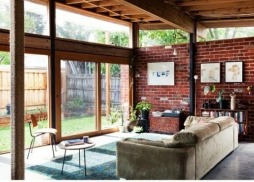 big windows wood wall red brick