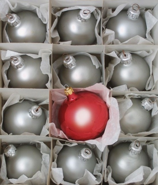 Silver ornaments and red Christmas tree