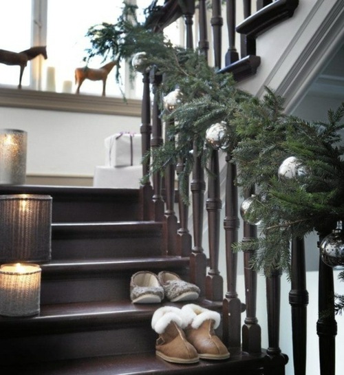 Green garland balls Christmas stairway