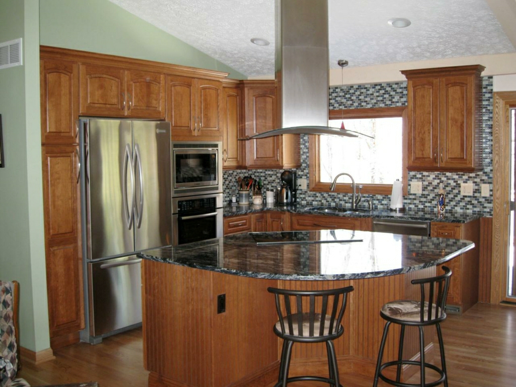 extractor hood central island marble mosaic nice fridge stainless steel chairs brown wood