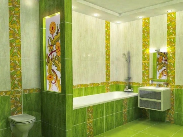 ideas-tiled bath-bathroom-color-white-green-floral-pattern