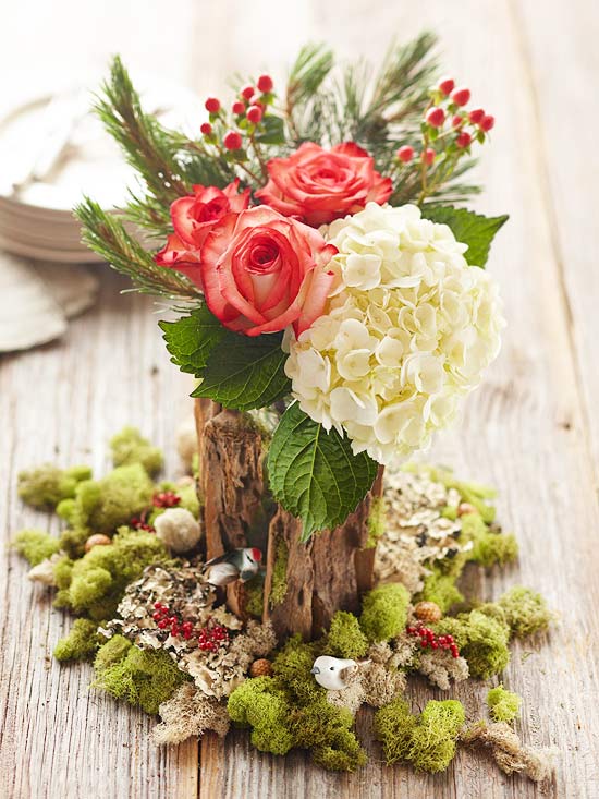 ideer-bord-jul-deco-vase-log-bukett-blomster-småfugle ideer julbord