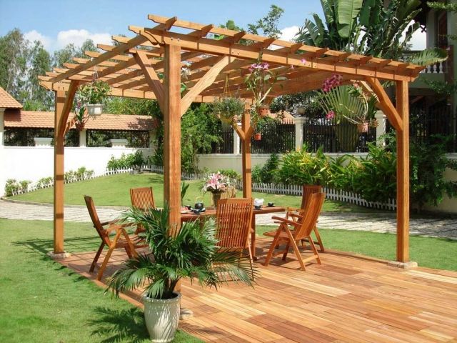 ideas-terrace-wood-pergola-furniture-wood-elegant-flowers ideas terrace wood