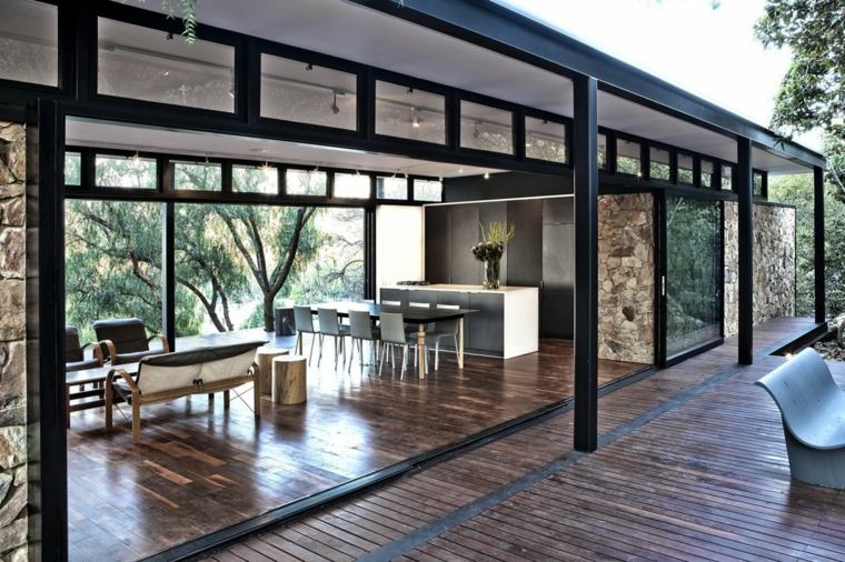 open kitchen exterior sliding door idea wood floor wood dining table