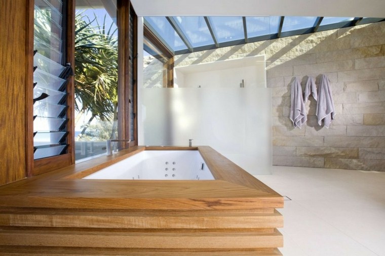 bathroom design bathtub wood wall deco stone idea landscaping