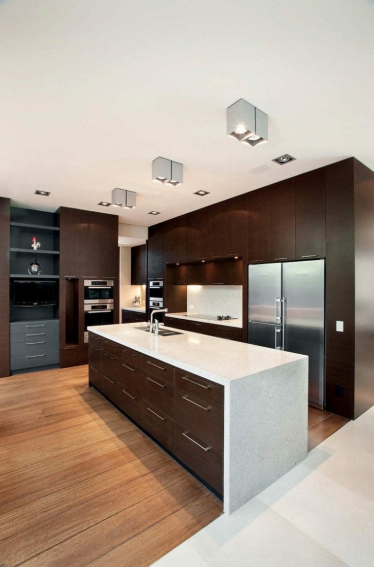 white kitchen and central island wood