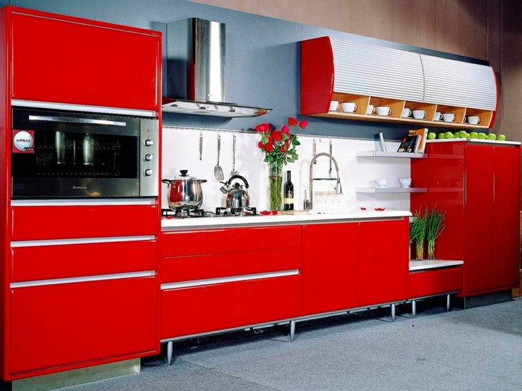 arrangement kitchen red hood extractor cupboard red deco flowers