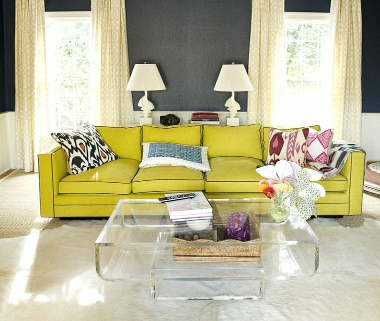 sofa bantal kuning reka bentuk reka bentuk kaca meja tirai ruang tamu mat idea idea