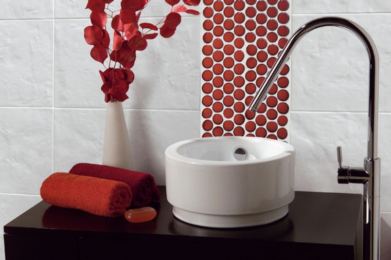 arrangement bathroom accessories red deco flowers washbasin design towel red furniture wood