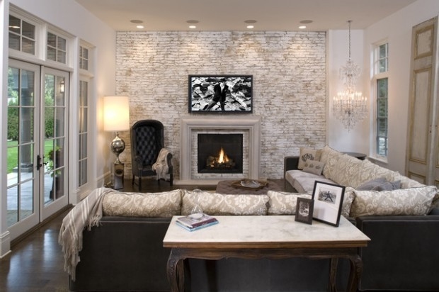 idea deco living room bricks fireplace