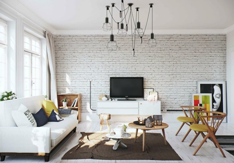 layout Scandinavian style living room walls bricks