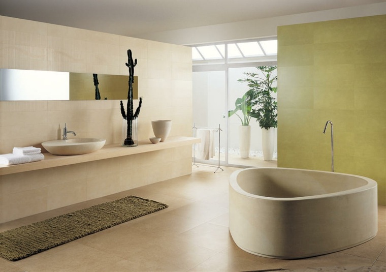 bathroom zen idea deco bathtub beige modern plant cactus floor mats khaki