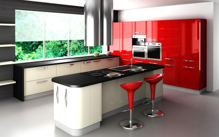 kitchen red black gray design central island cooking plates extractor hood
