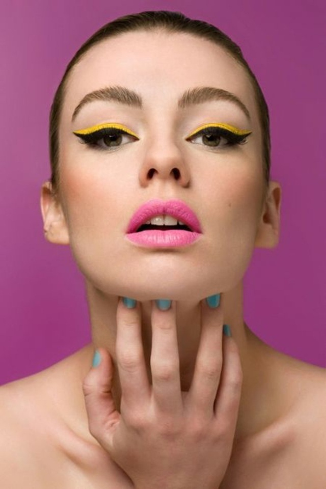 makeup eyes chestnut green makeup funky yellow lipstick pink polish blue