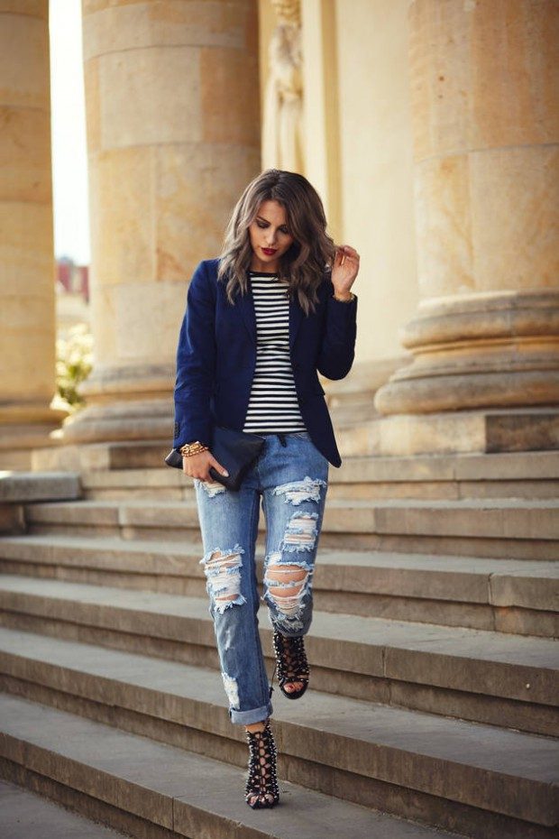 woman holding modern blue jacket jeans