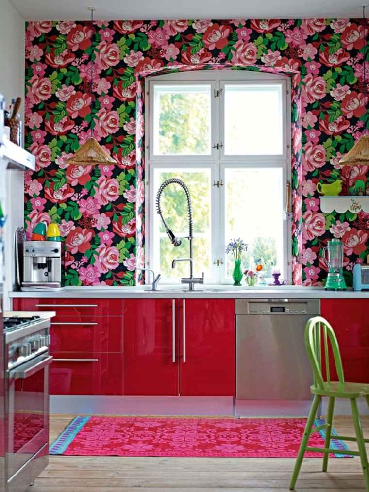 kitchen wallpaper original red pink floor mats green wood chair